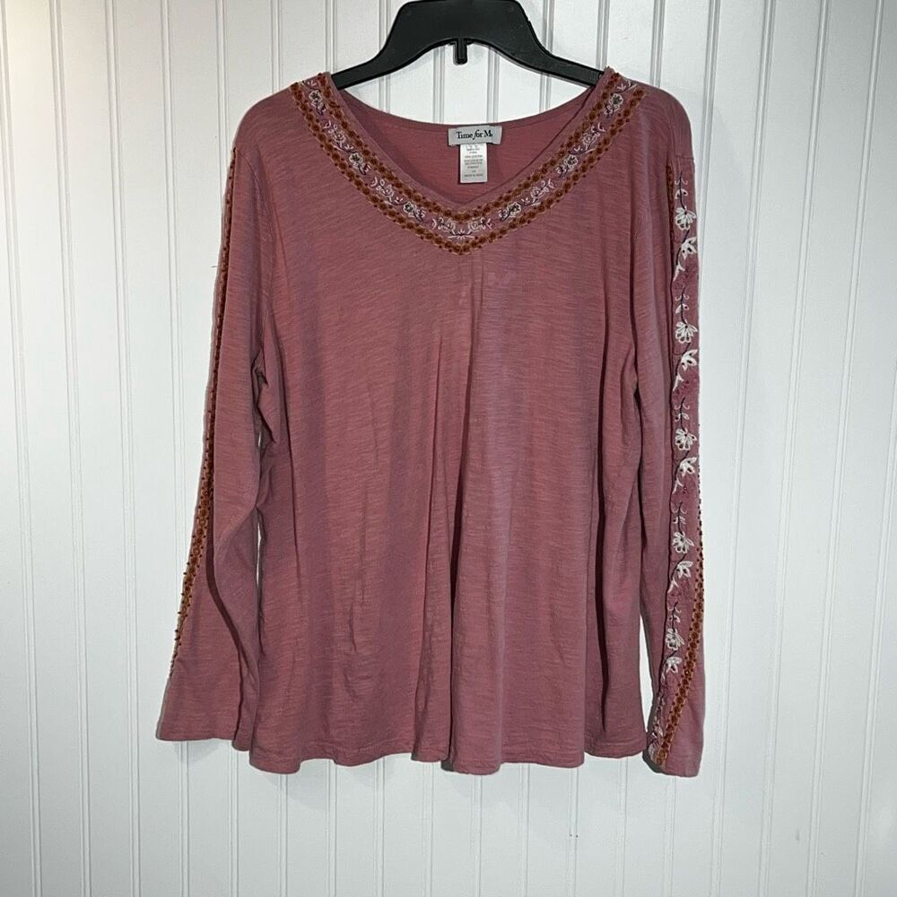 Time For Me Embroidered Beaded Top Women’s Large Pink V-Neck Long Sleeve Cotton